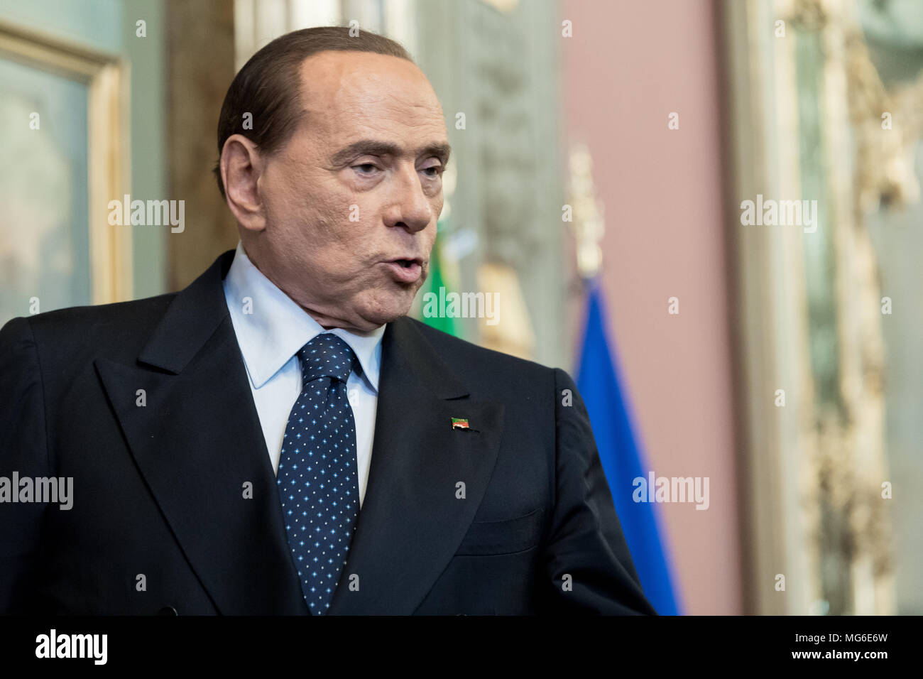 Silvio Berlusconi, leader of Forza Italia Party, after the press conference in the Senate of the Italian Republic. Rome, Italy, 15th April 2018. Stock Photo