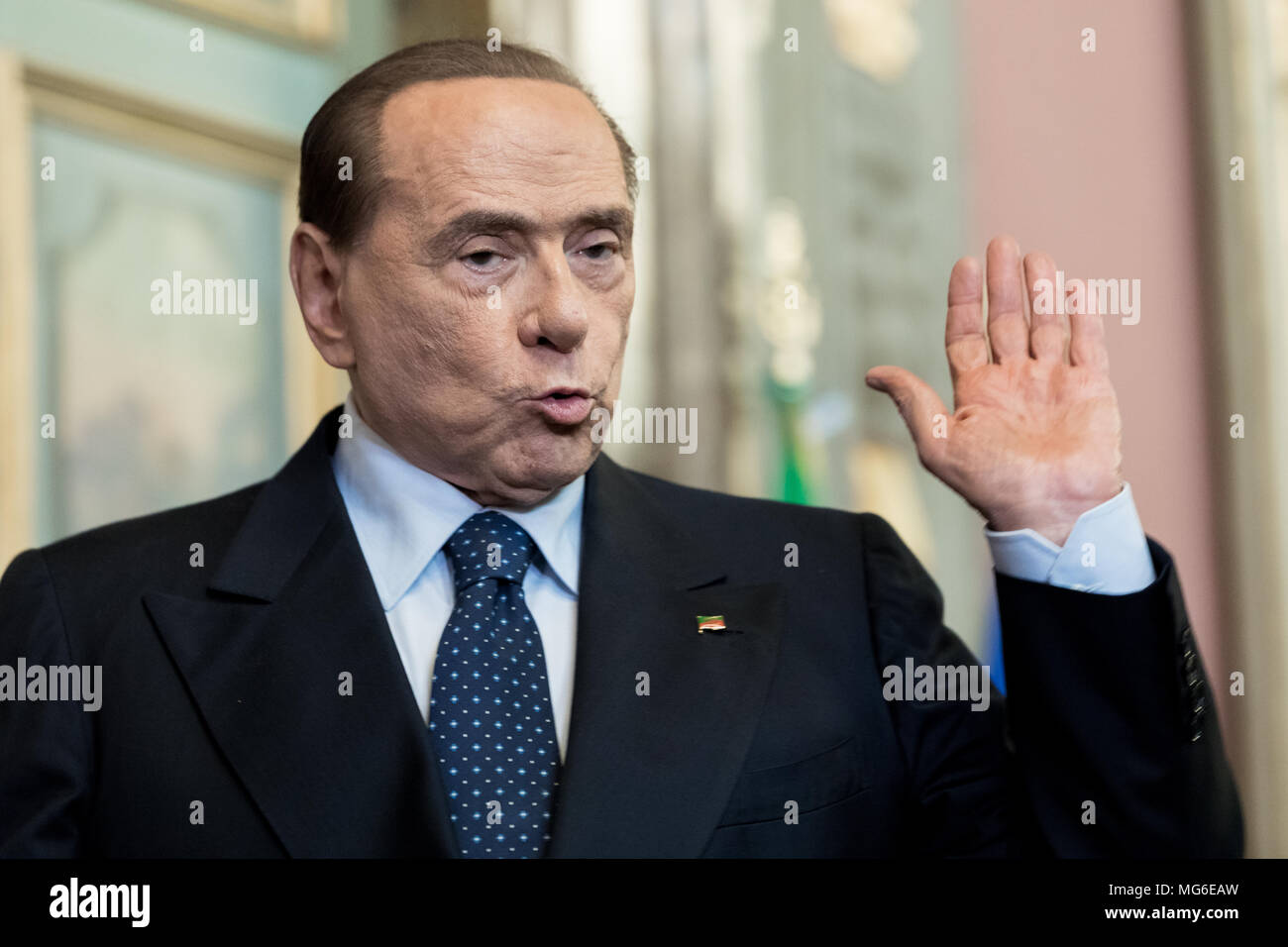Silvio Berlusconi, leader of Forza Italia Party, after the press conference in the Senate of the Italian Republic. Rome, Italy, 15th April 2018. Stock Photo