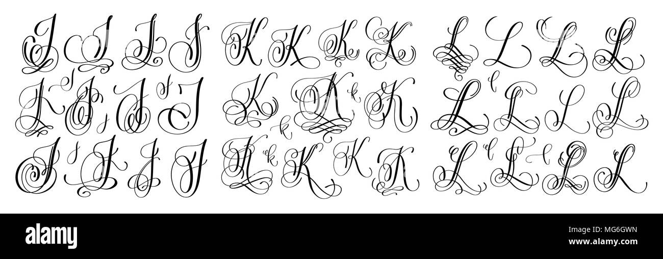 calligraphy letters set J, K and L, script font Isolated Stock Vector