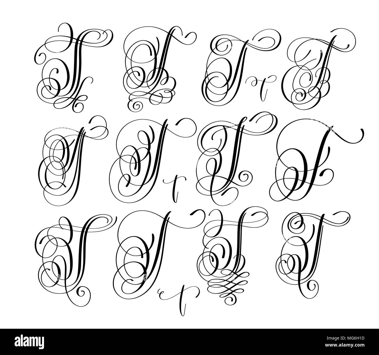 calligraphy lettering script font T set, hand written Stock Vector