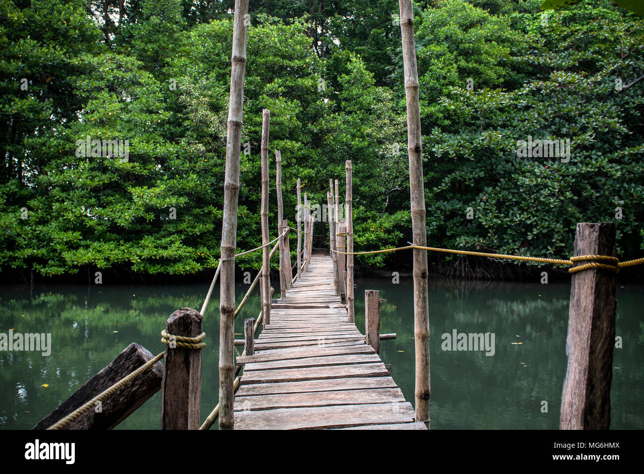 Rickety wooden bridge in the Philippines Stock Photo