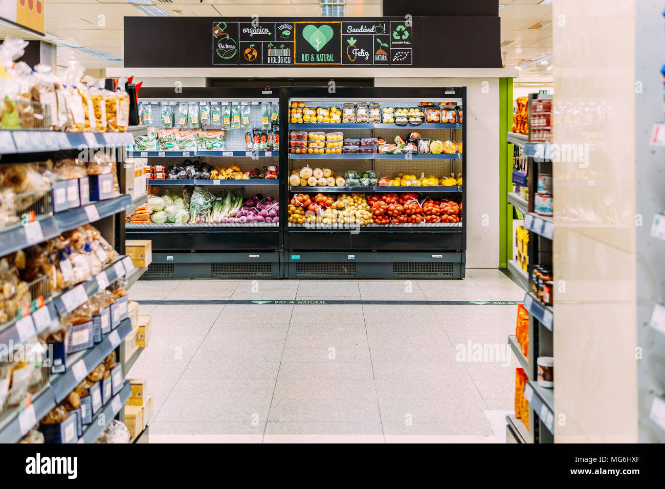 LISBON, PORTUGAL - AUGUST 15, 2017: Healthy Fresh Fruits and Vegetables For Sale In Supermarket Stock Photo