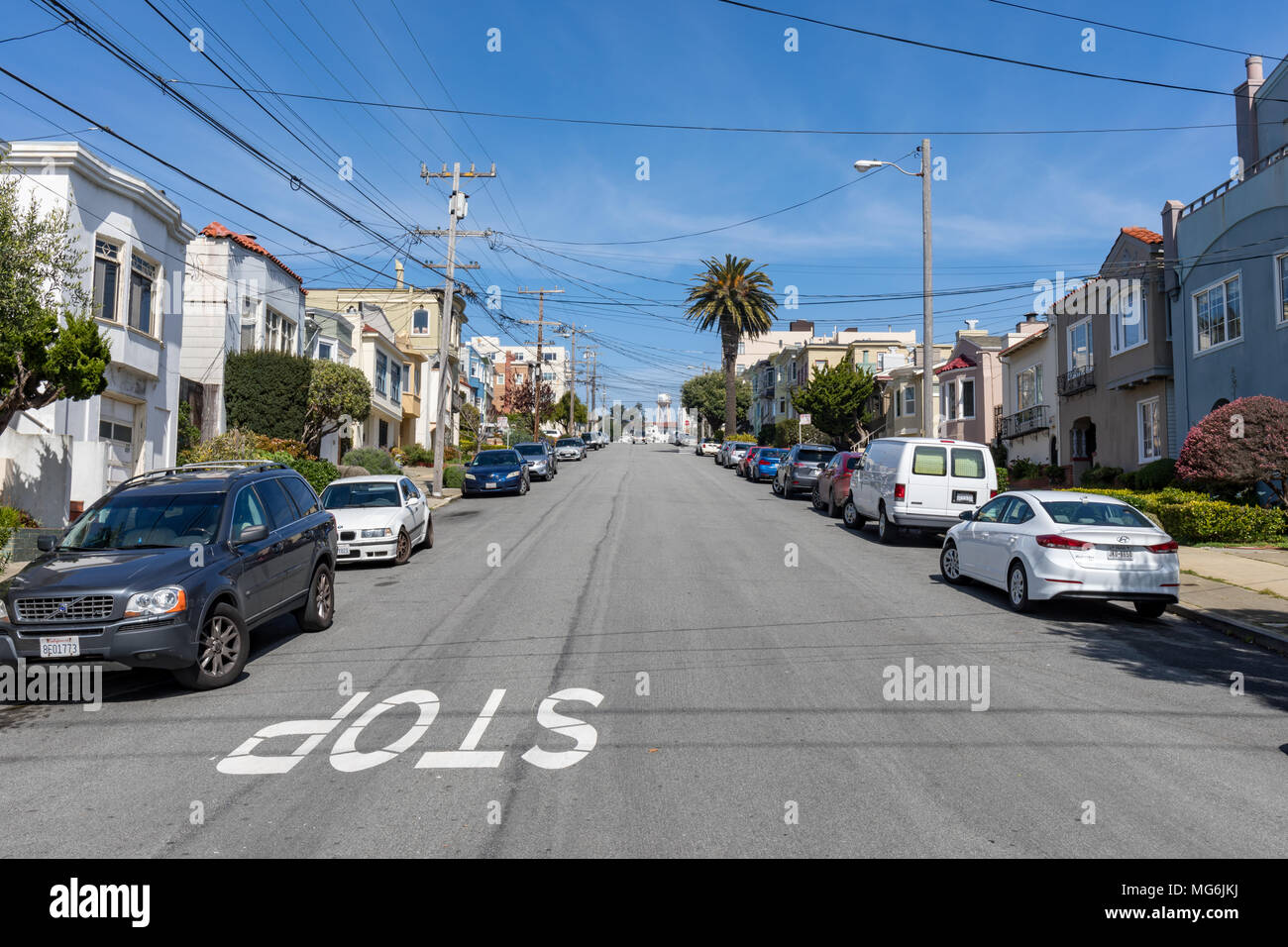 Steep residential street in San Francisco, St. Anza St & 45th Ave Stock Photo