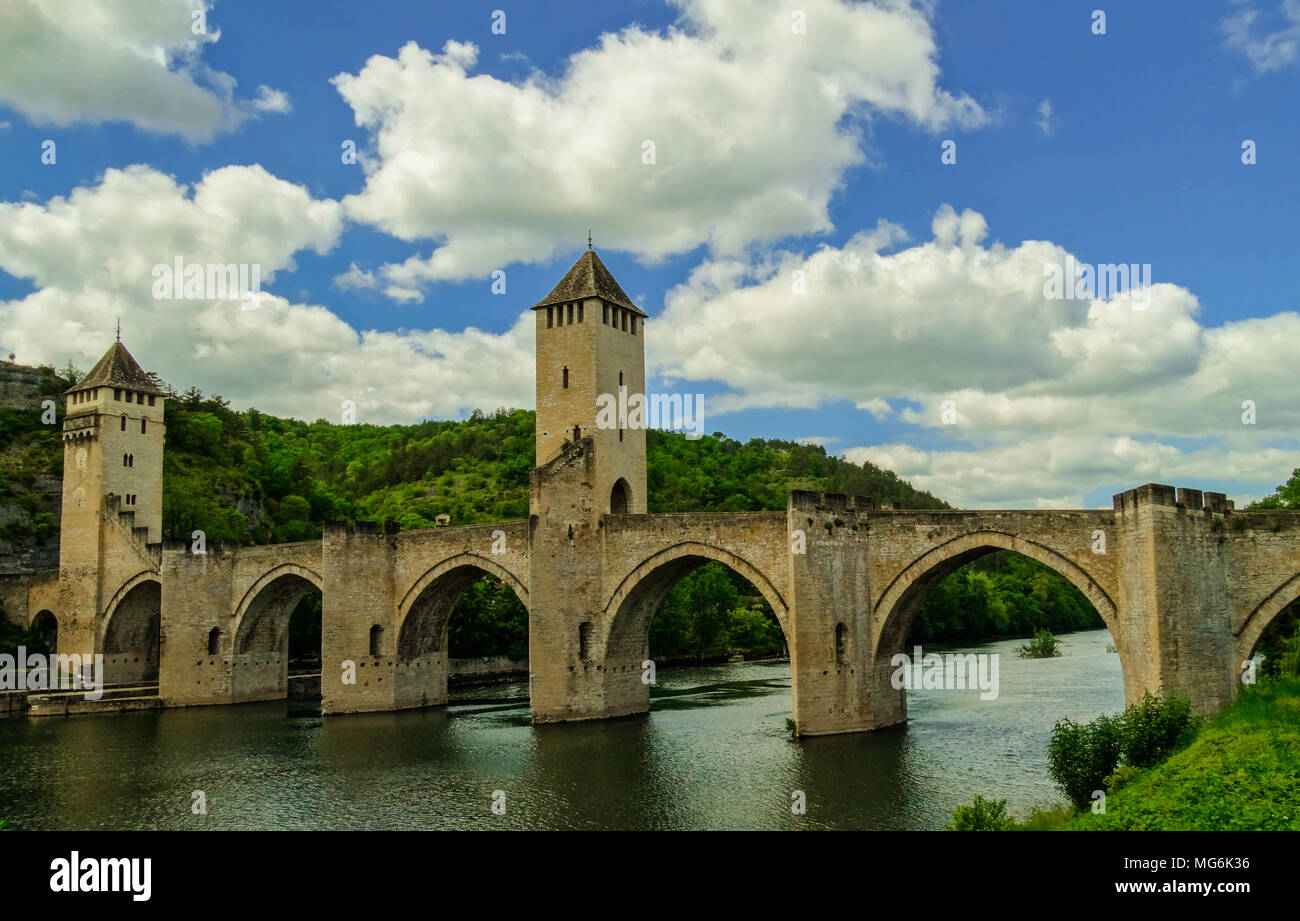 The Pont Valentré, Cahors fortified medieval bridge, France Stock Photo