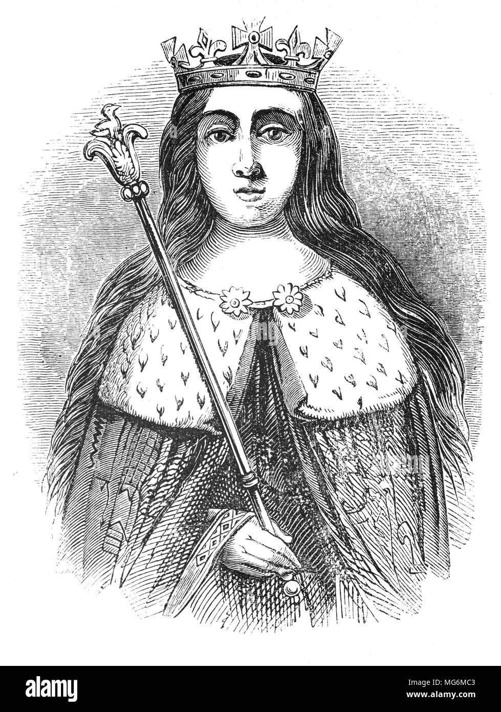A portrait of Anne Neville (1456 –1485) who became Princess of Wales as the wife of Edward of Westminster.  As a member of the powerful House of Neville, she played a critical part in an attempt to halt the Wars of the Roses  between the House of York and House of Lancaster for the English crown.  After the death of Edward, she married Richard, Duke of Gloucester, brother of Edward IV and became queen when Richard III ascended the throne in June 1483, following the declaration that Edward IV's children by Elizabeth Woodville were illegitimate. Stock Photo