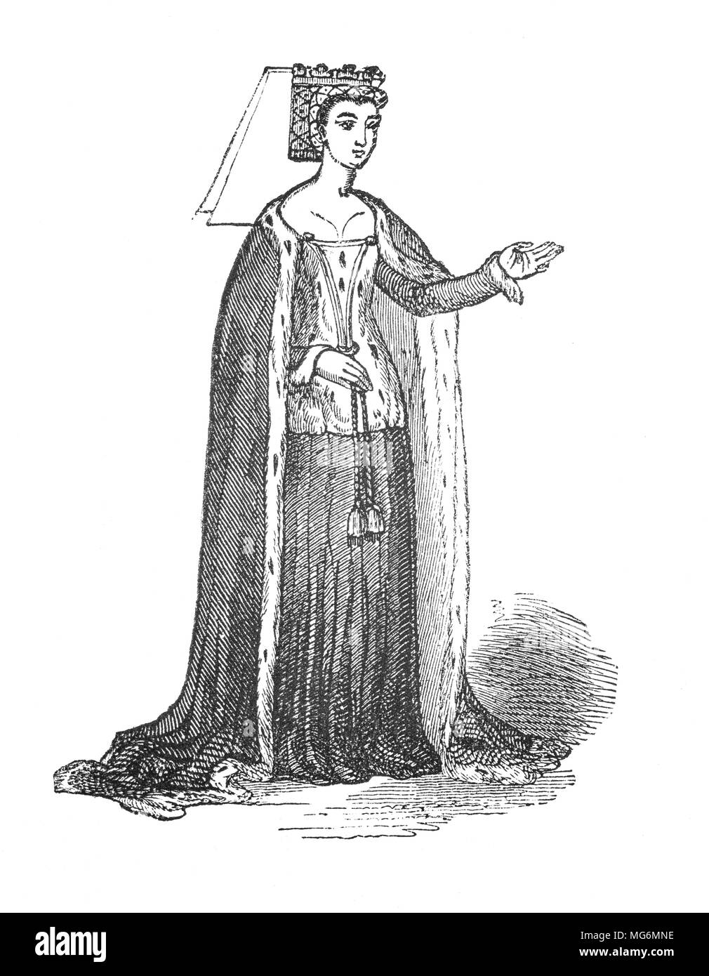 A portrait of Anne Neville (1456 –1485) who became Princess of Wales as the wife of Edward of Westminster.  As a member of the powerful House of Neville, she played a critical part in an attempt to halt the Wars of the Roses  between the House of York and House of Lancaster for the English crown.  After the death of Edward, she married Richard, Duke of Gloucester, brother of Edward IV and became queen when Richard III ascended the throne in June 1483, following the declaration that Edward IV's children by Elizabeth Woodville were illegitimate. Stock Photo