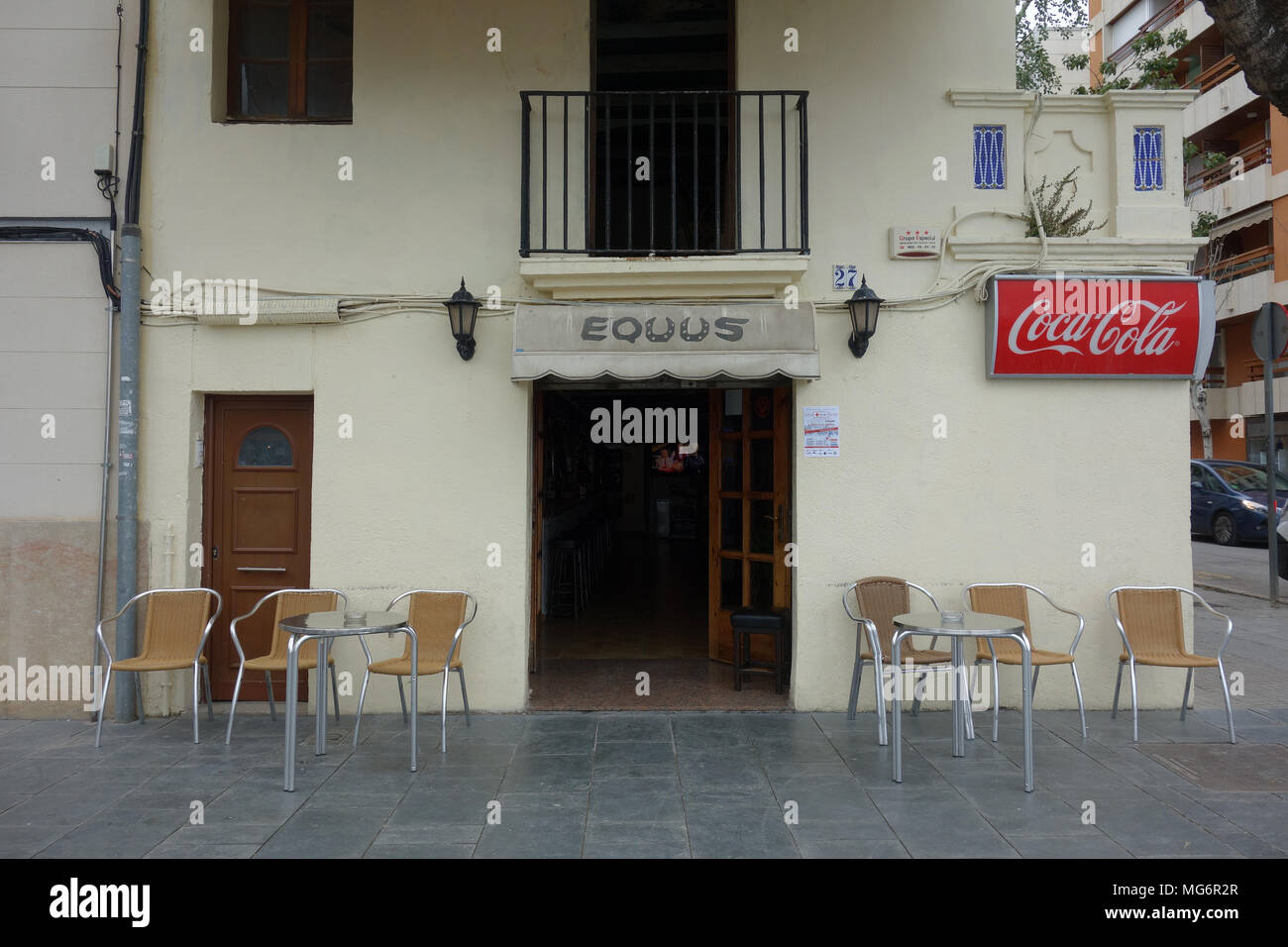 Terrace of bar in Spanish seaside town Stock Photo Alamy