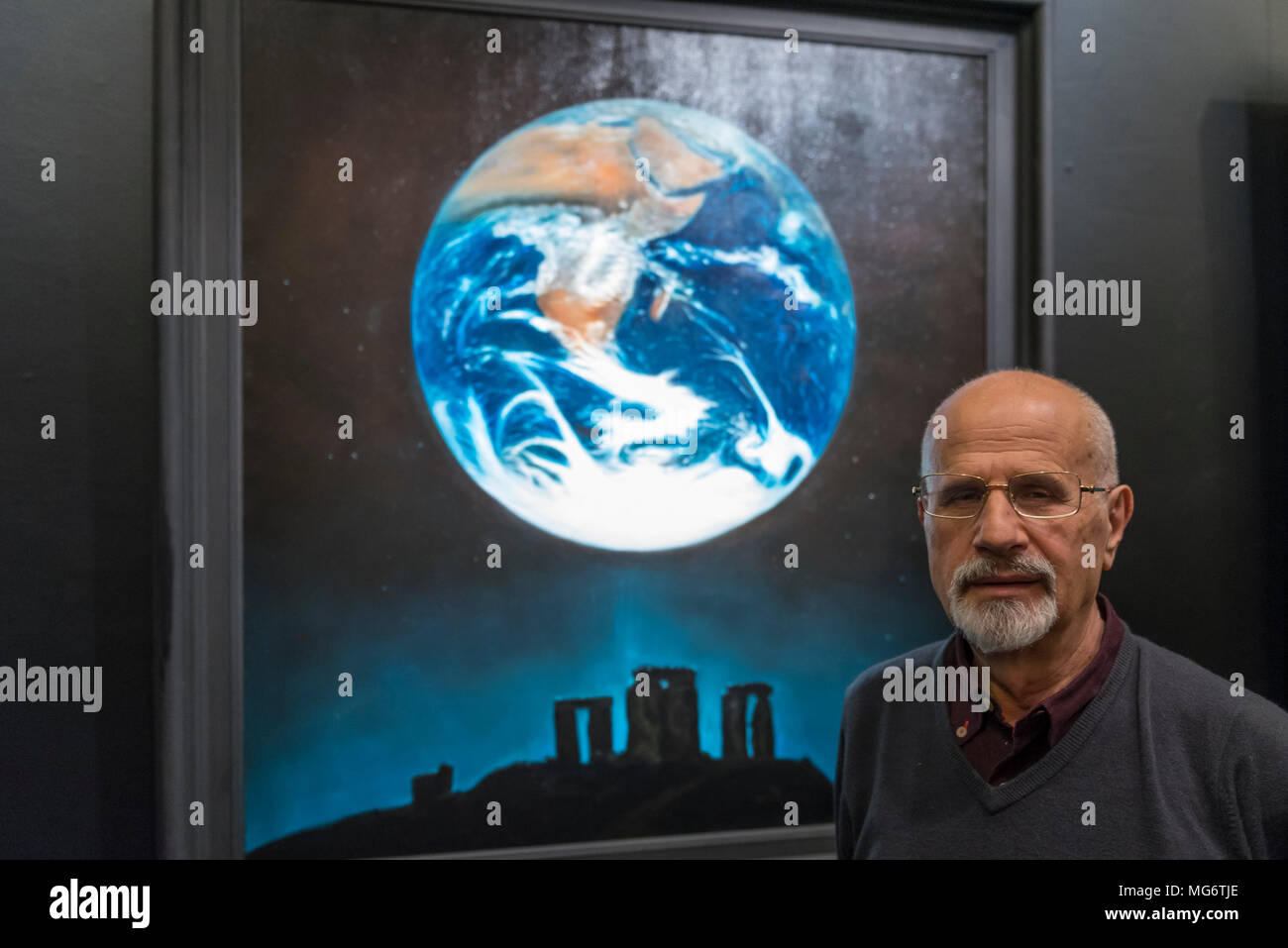 London, UK. 27 April 2018. The Greek artist Angelos poses in front of ...