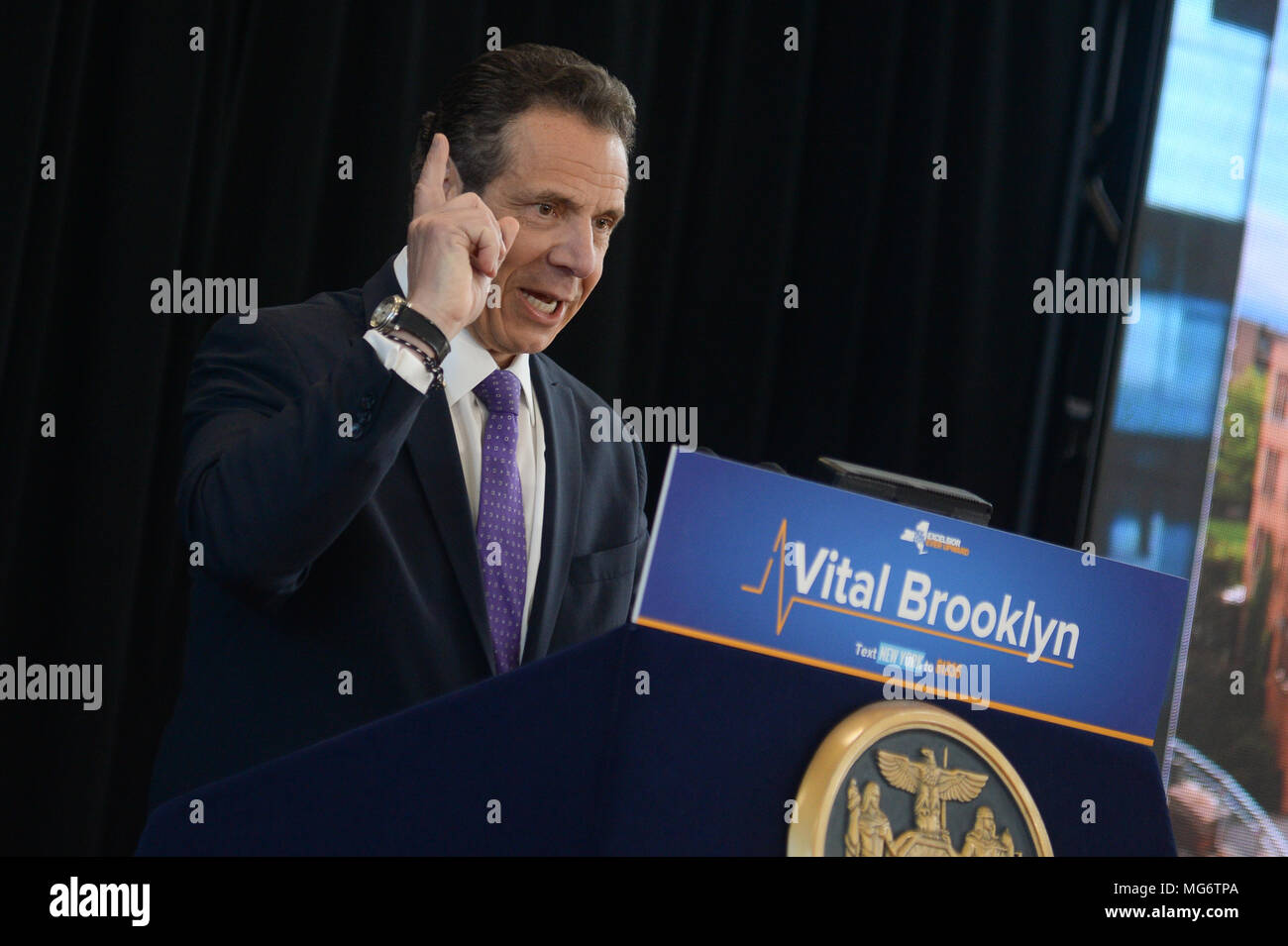 New York, USA. 26th April 2018. Governor Andrew Cuomo announces the Vital Brooklyn initiative which seeks to bring affordable housing and health care  to central Brooklyn on April 26, 2018 in New York. Credit: Erik Pendzich/Alamy Live News Stock Photo