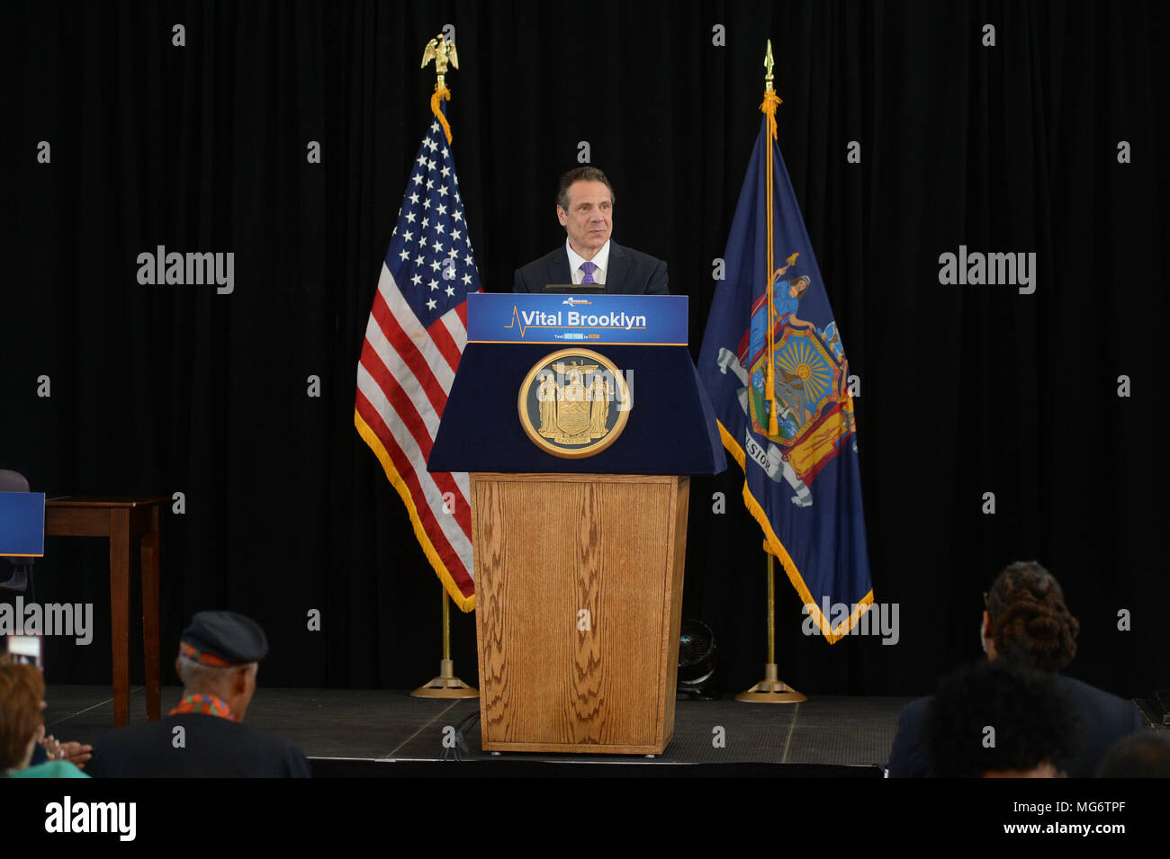 New York, USA. 26th April 2018. Governor Andrew Cuomo announces the Vital Brooklyn initiative which seeks to bring affordable housing and healthcare to central Brooklyn on April 26, 2018 in New York. Credit: Erik Pendzich/Alamy Live News Stock Photo