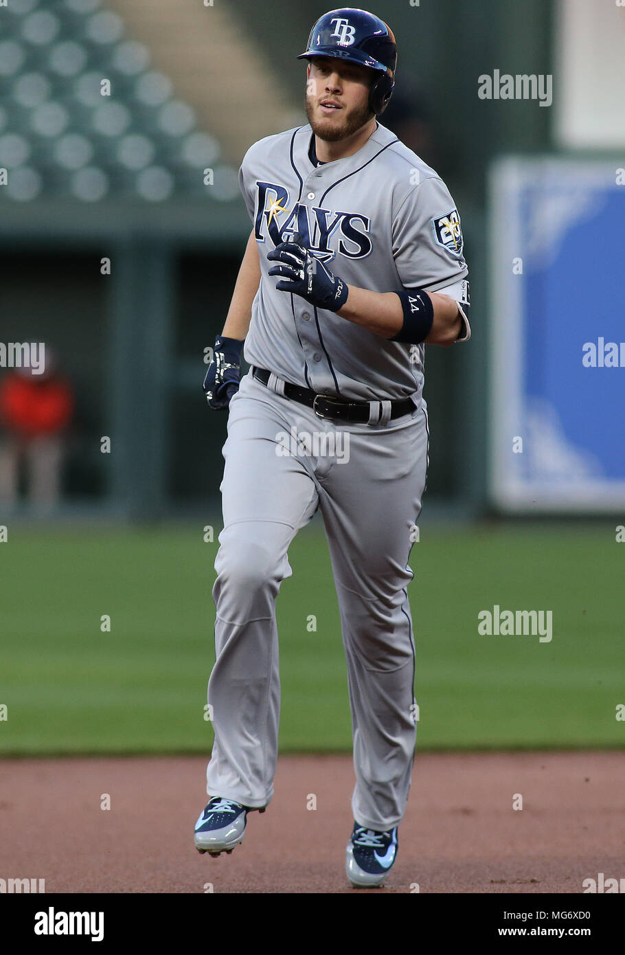 Baltimore, Maryland, USA. 26th Apr, 2018. Tampa Bay Rays first baseman C.J. Cron (44) rounds the bases after he hit a homerun during a match between the Baltimore Orioles and the Tampa Bay Rays at Camden Yards in Baltimore, Maryland. Daniel Kucin Jr./Cal Sport Media/Alamy Live News Stock Photo