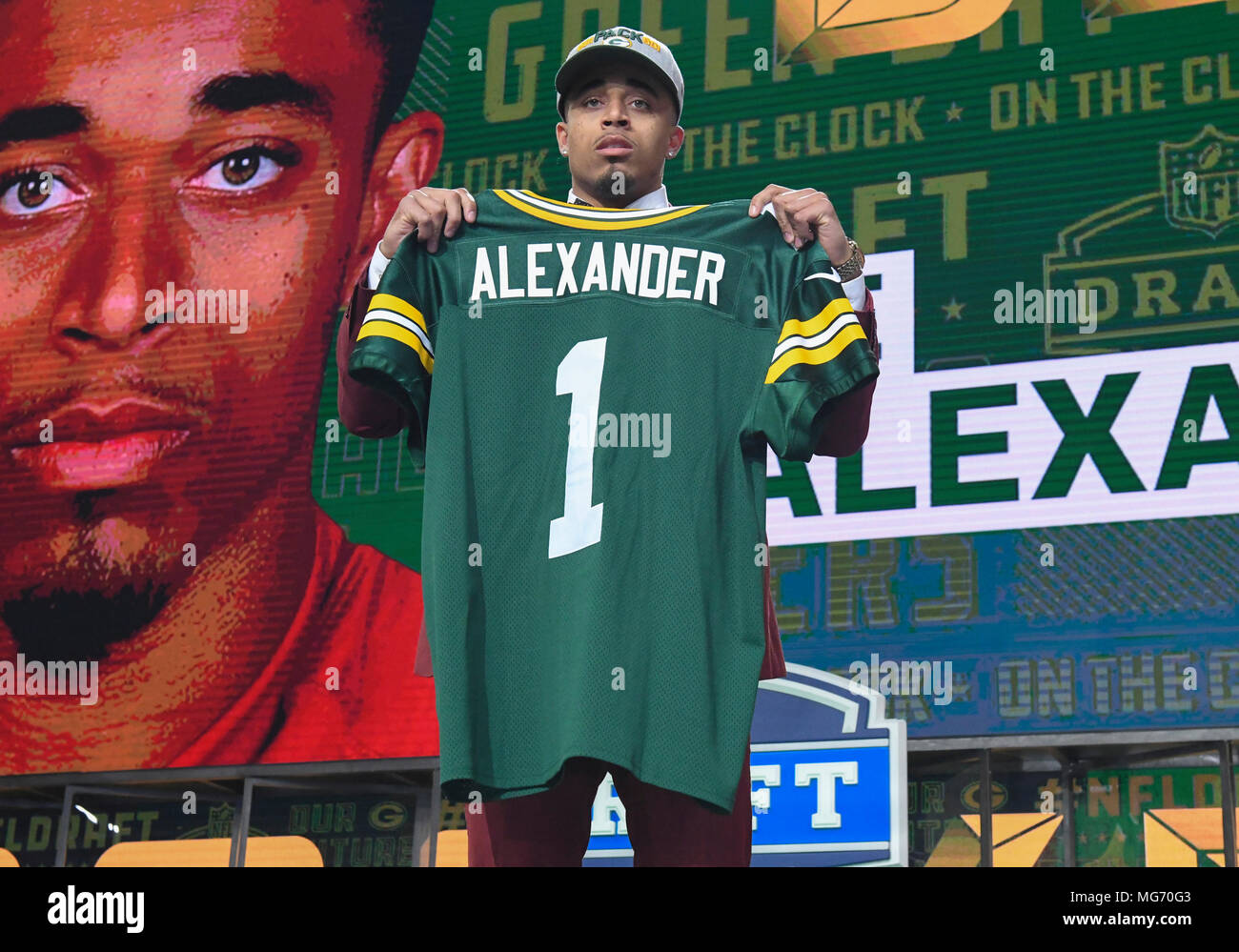 April 26, 2018: Jaire Alexander poses after being picked #18 overall by the Green  Bay Packers