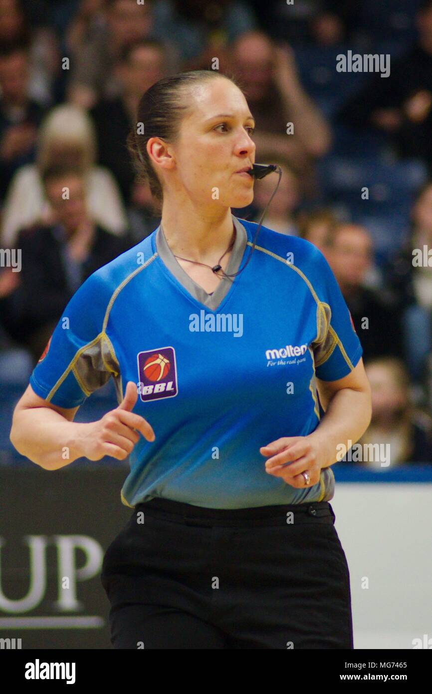 Newcastle upon Tyne, England, 27 April 2018. Referee Mariann Dodds-Miklosik  blowing the whistle in a British Basketball League match between Esh Group  Eagles Newcastle and Plymouth Raiders at Sport Central. Credit: Colin