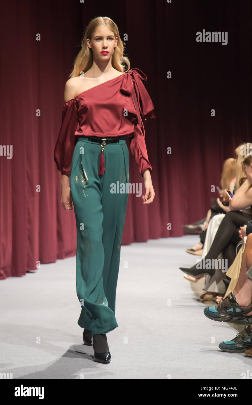 Budapest Hungary. 27th Apr 2018. A model presents a creation of Hungarian brand Maison Marquise designed by Bori Toth during the Budapest Central European Fashion Week in Budapest Hungary on April 27
