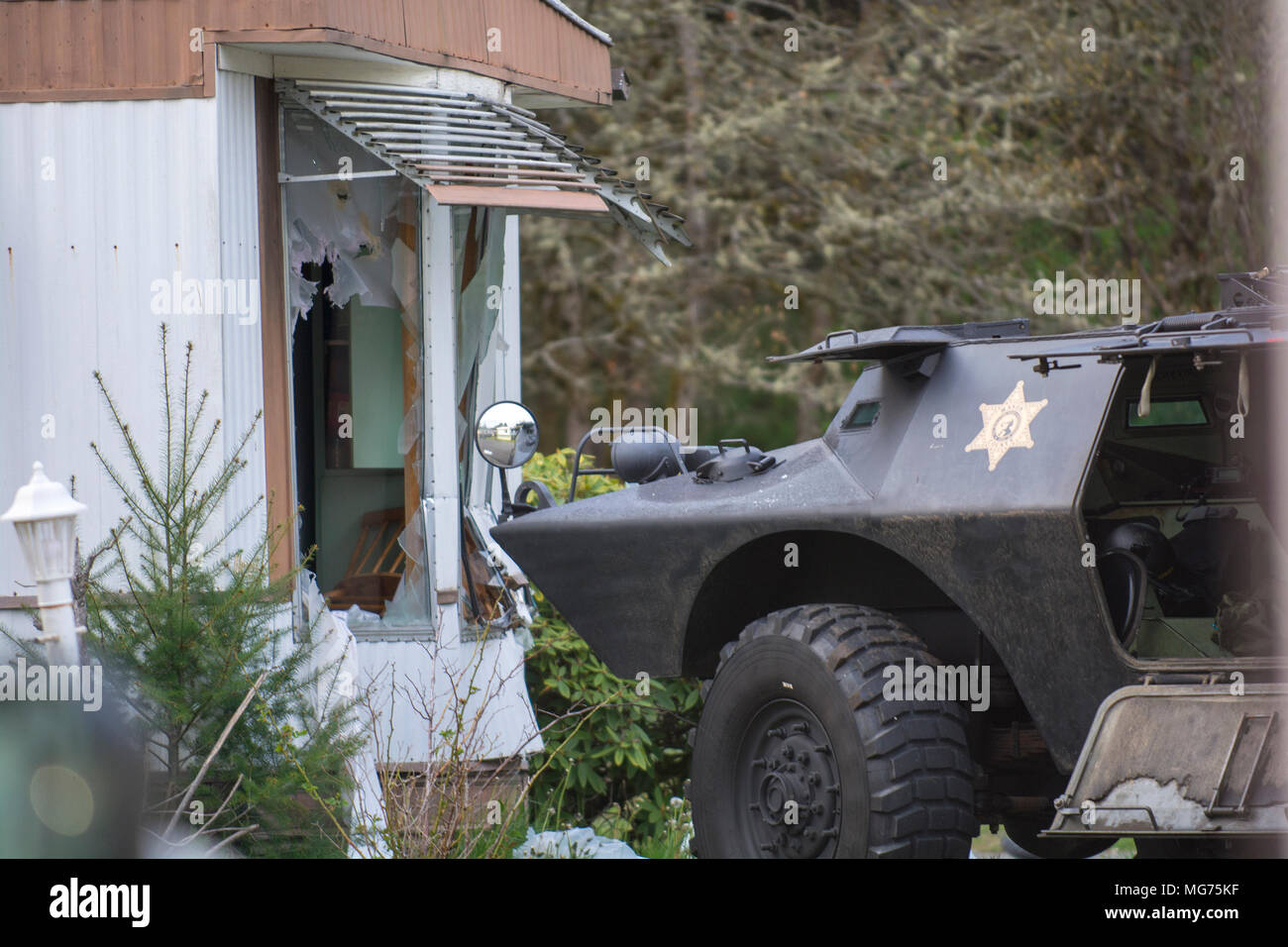 Shelton, Washington, USA, 27 April 2018.  Mason County Sheriff respond to the scene where a man stabbed a process server.  This was taken after the man was arrested and taken to the hospital witha dog bite wound.  It appears that police rammed the trailer with their SWAT vehicle.  (Shawna Whelan) Credit: Shawna Whelan/Alamy Live News Stock Photo