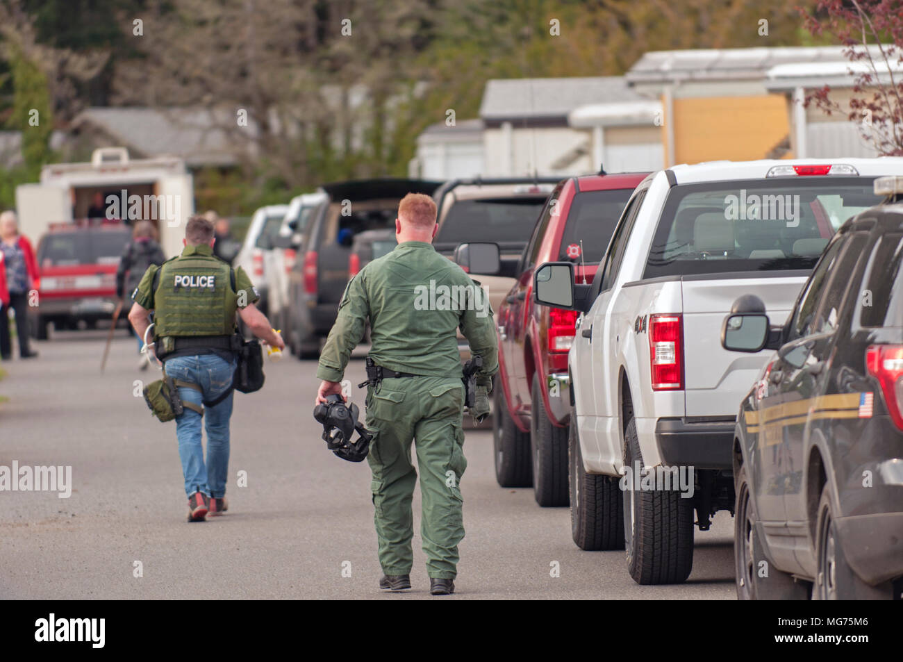 Shelton, Washington, USA, 27 April 2018.  Mason County Sheriff respond to the scene where a man stabbed a process server.  This was taken after the man was arrested and taken to the hospital witha dog bite wound.  It appears that police rammed the trailer with their SWAT vehicle.  Hidden Haven Mobile Home park scene of stand off today in Mason County. (Shawna Whelan)Hidden Haven Mobile Home park scene of stand off today in Mason County. Credit: Shawna Whelan/Alamy Live News Stock Photo