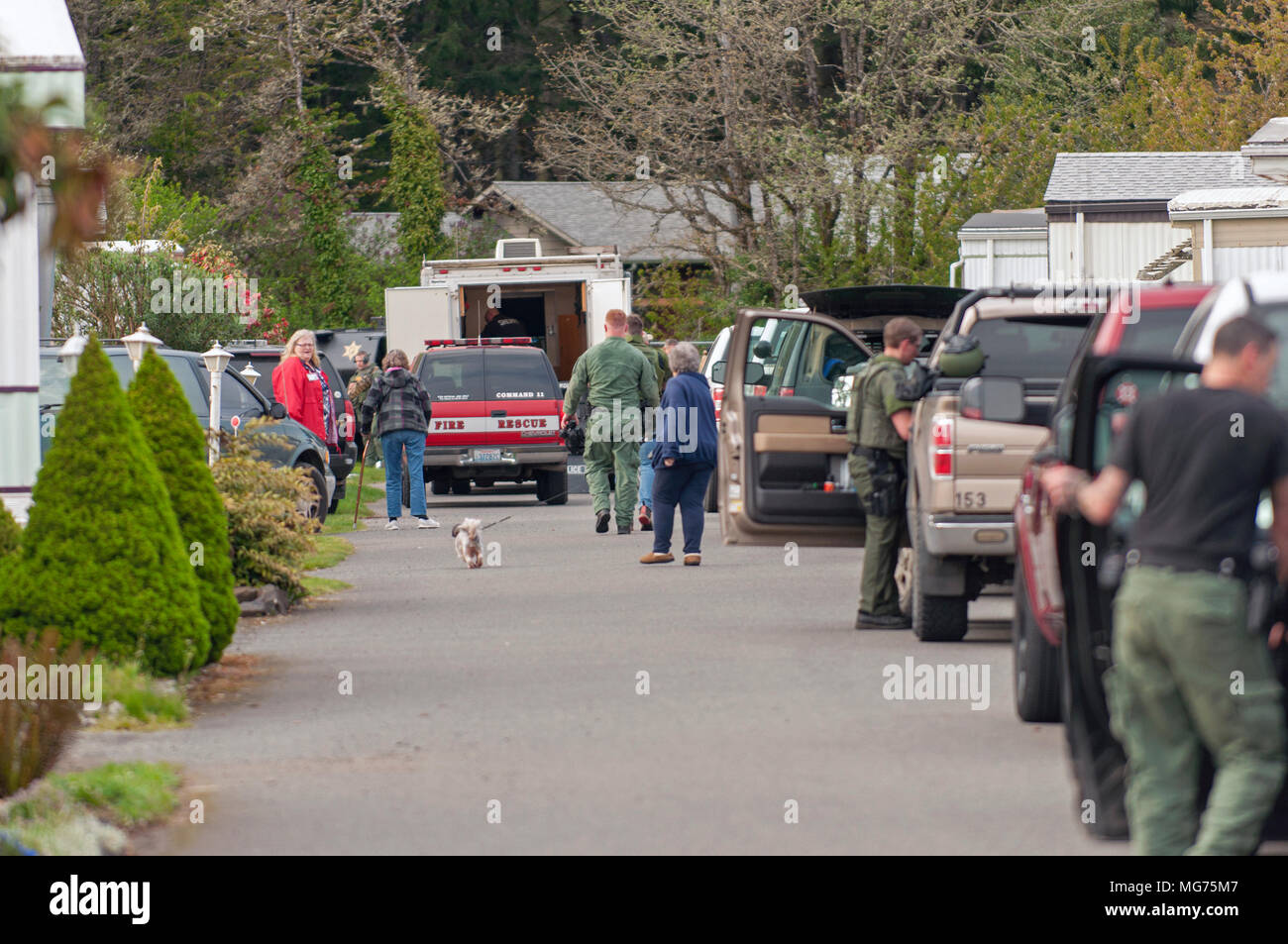 Scene of a SWAT respoShelton, Washington, USA, 27 April 2018.  Mason County Sheriff respond to the scene where a man stabbed a process server.  This was taken after the man was arrested and taken to the hospital witha dog bite wound.  It appears that police rammed the trailer with their SWAT vehicle.  Hidden Haven Mobile Home park scene of stand off today in Mason County. (Shawna Whelan)nse in Mason County Credit: Shawna Whelan/Alamy Live News Stock Photo