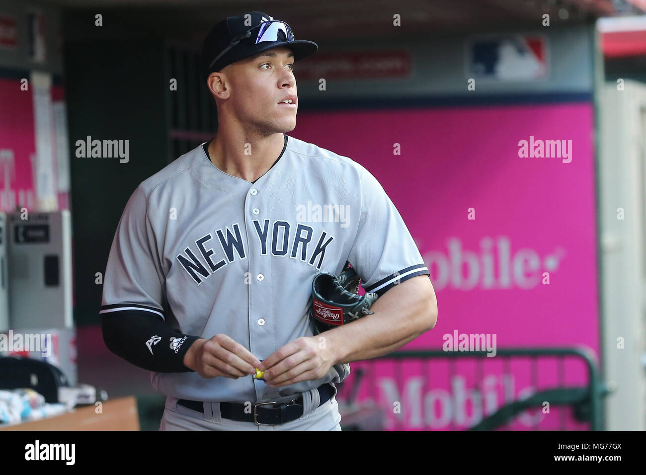 April 27, 2018: New York Yankees right fielder Aaron Judge (99) washes the  video board from the dugout before the game between the New York Yankees  and Los Angeles Angels of Anaheim