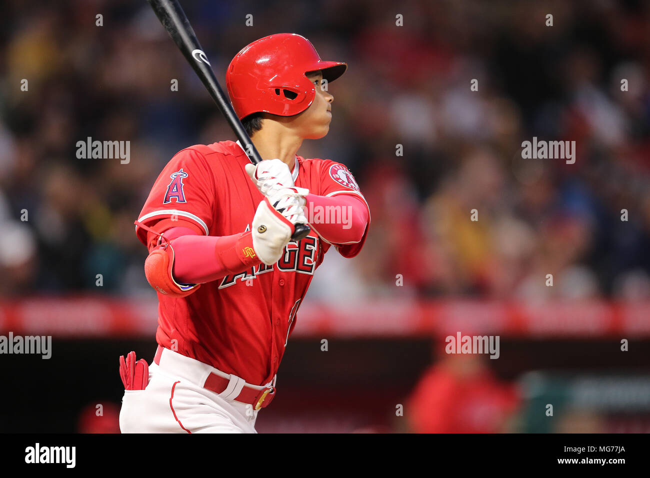 April 27, 2018: Los Angeles Angels starting pitcher Shohei Ohtani (17) watches his homer to right field in the game between the New York Yankees and Los Angeles Angels of Anaheim, Angel Stadium in Anaheim, CA, Photographer: Peter Joneleit Stock Photo