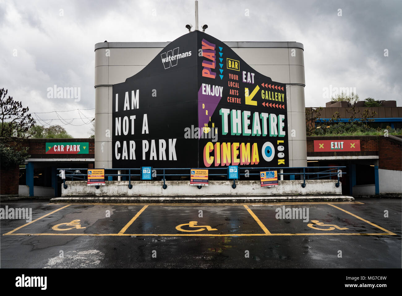Views of The Watermans Arts Centre (displaying a newly installed sign 'I Am Not A Car Park') in Brentford , London. Photo date: Friday, April 27, 2018 Stock Photo