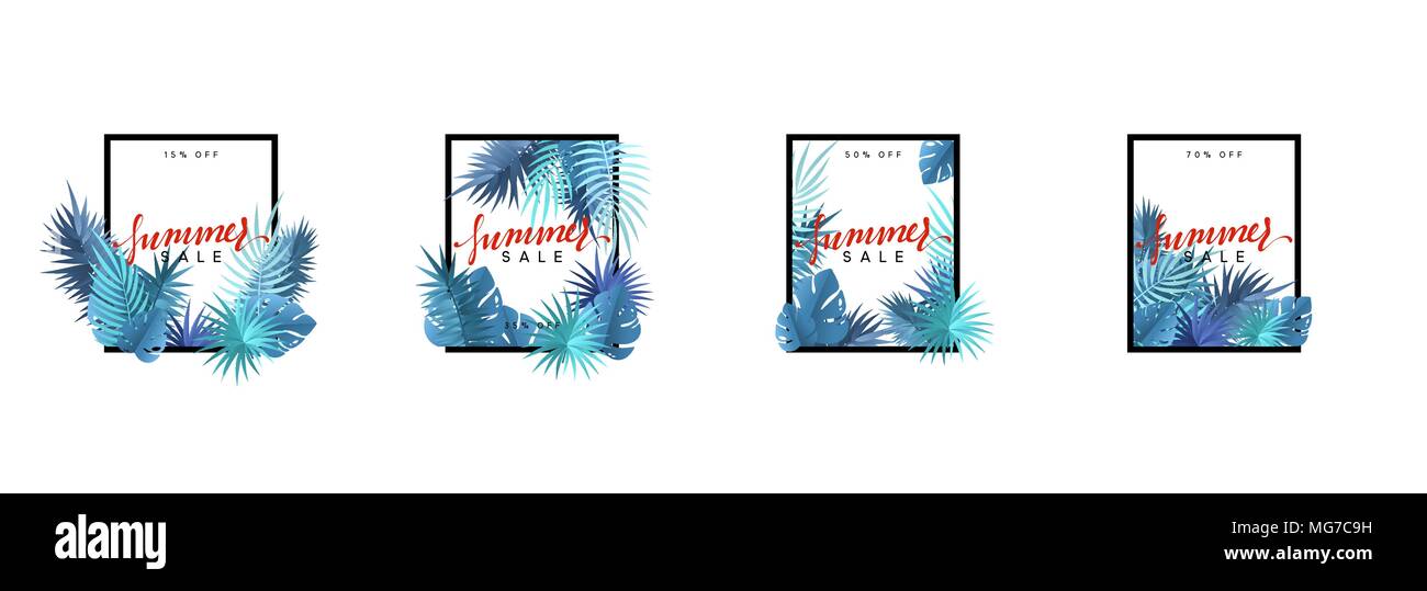 Summer Design Frame Layout Poster Sale With Palm Branches Banner