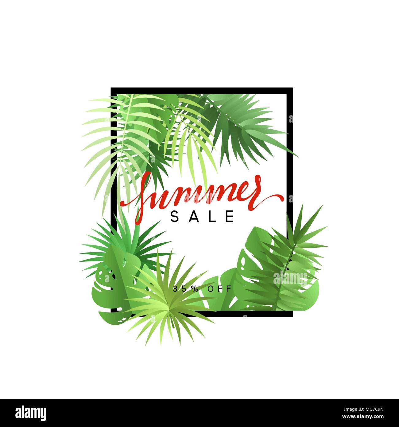 Summer Design Frame Layout Poster Sale With Palm Branches Banner