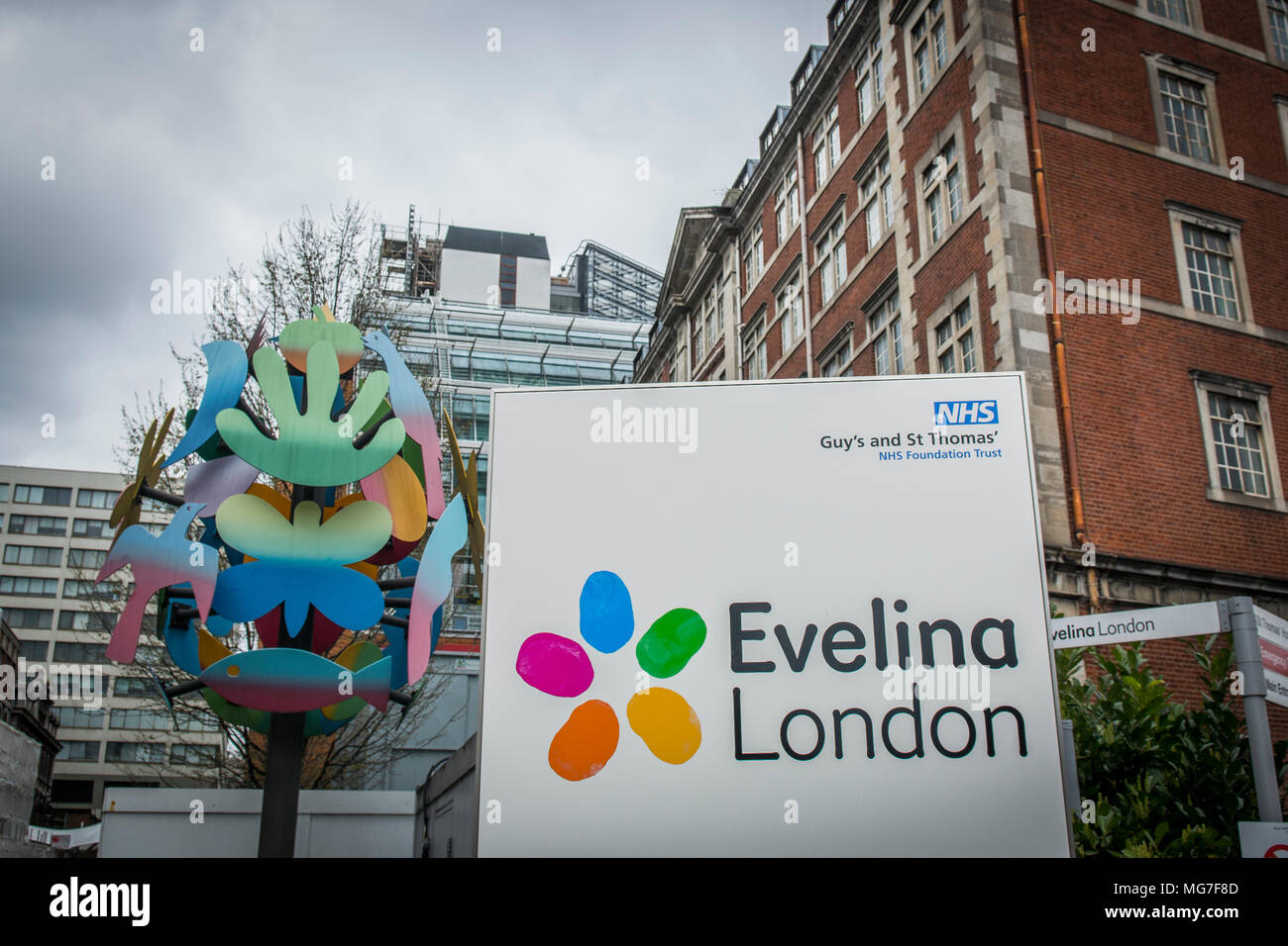 Exterior of Evelina Pediactirc hospital, part of Guys & St Thomasl, a large NHS teaching hospital by Westminster, Bridge in central London Stock Photo