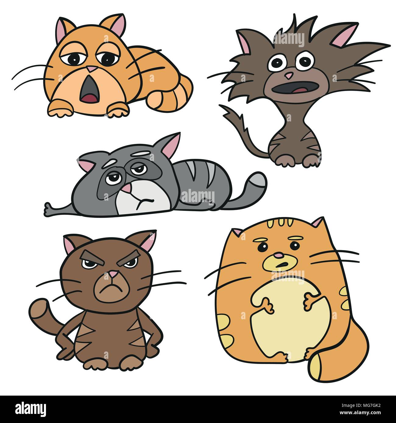 Cute Cat characters fat, angry, sleepy, crazy, sad emotion. Set of vector Stock Vector