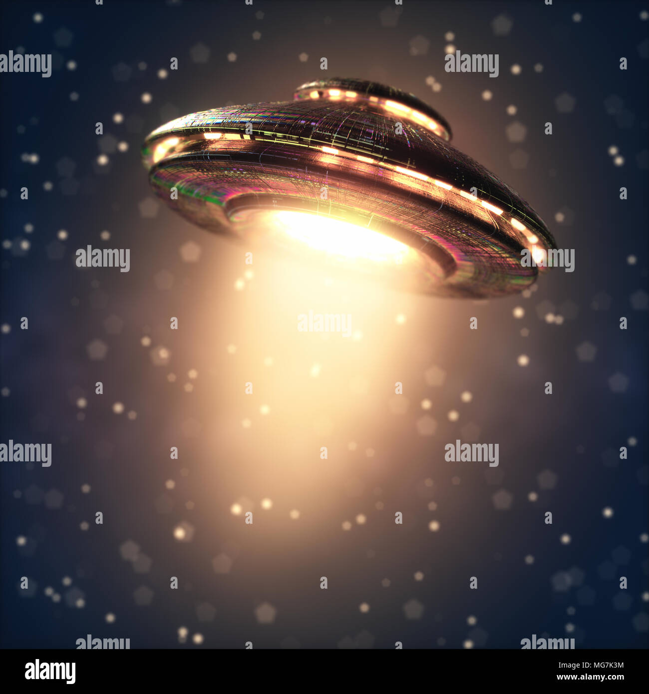 Extraterrestrial spacecraft with jet propulsion. Your text in the center of the image. Stock Photo