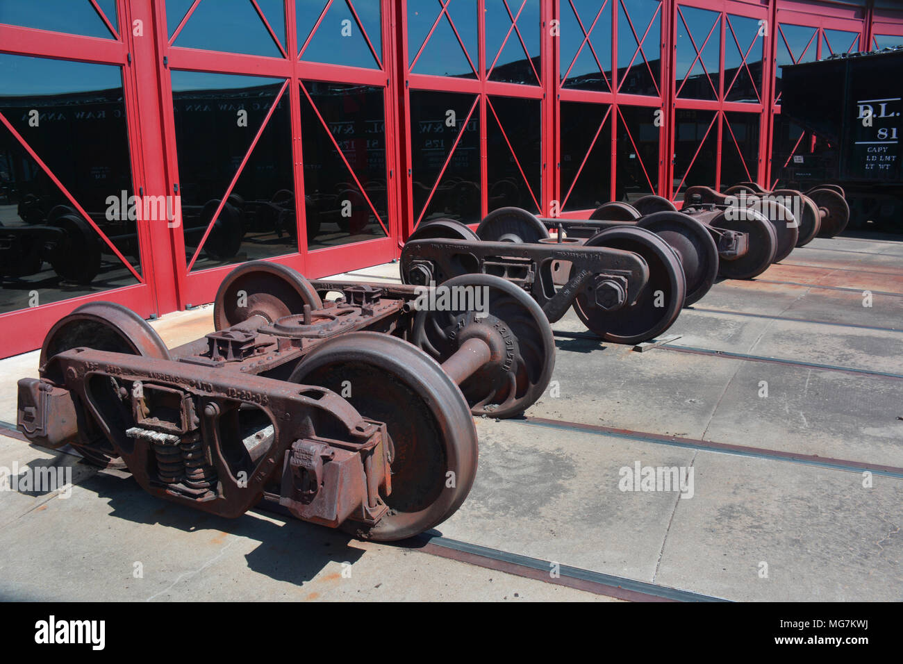 Train wheels located at Steamtown National Historic Site located on 62.48 acres in downtown Scranton, Pennsylvania Stock Photo