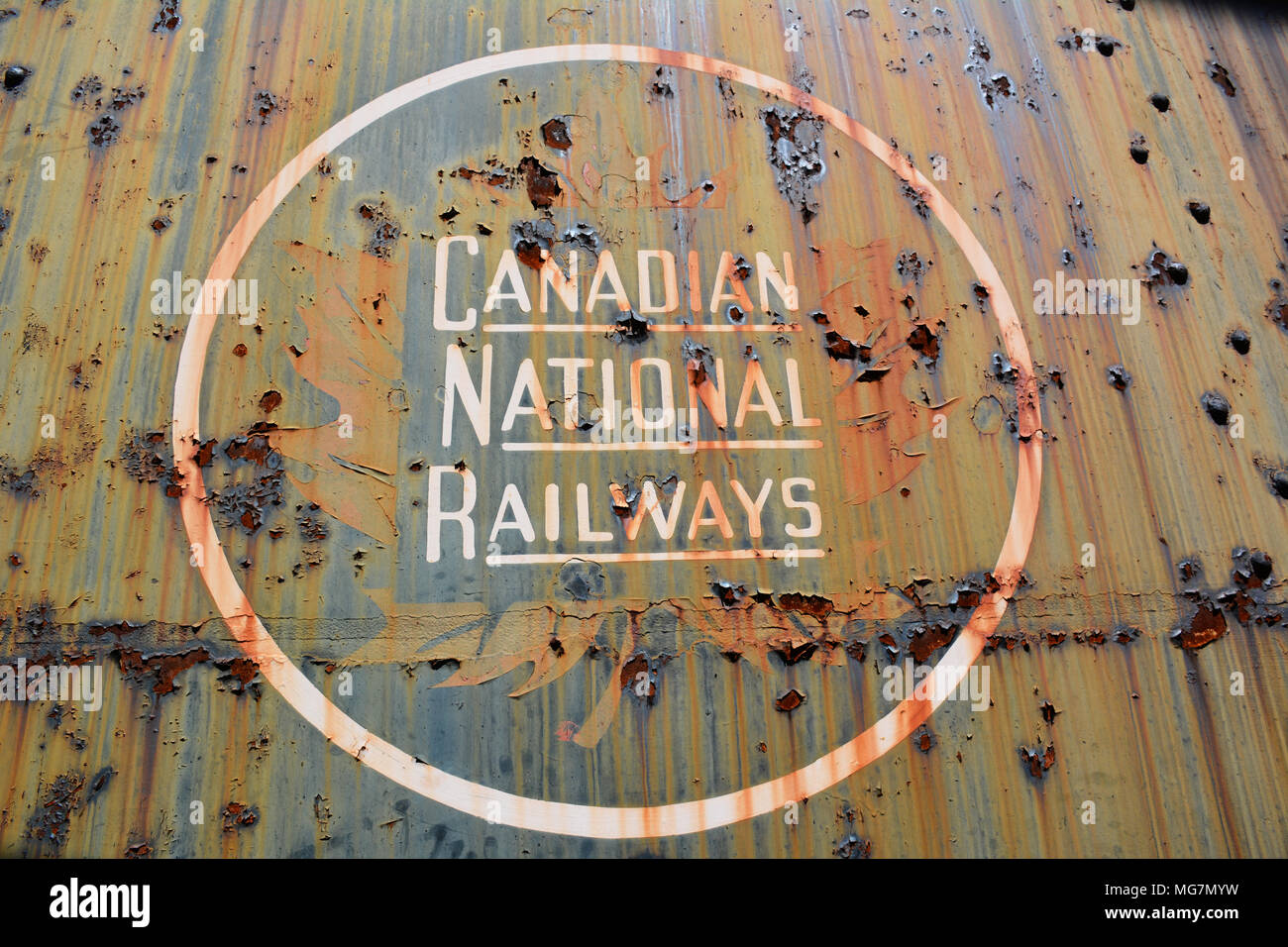 Lettering on unrestored locomotive located at Steamtown National Historic Site located on 62.48 acres in downtown Scranton, Pennsylvania Stock Photo