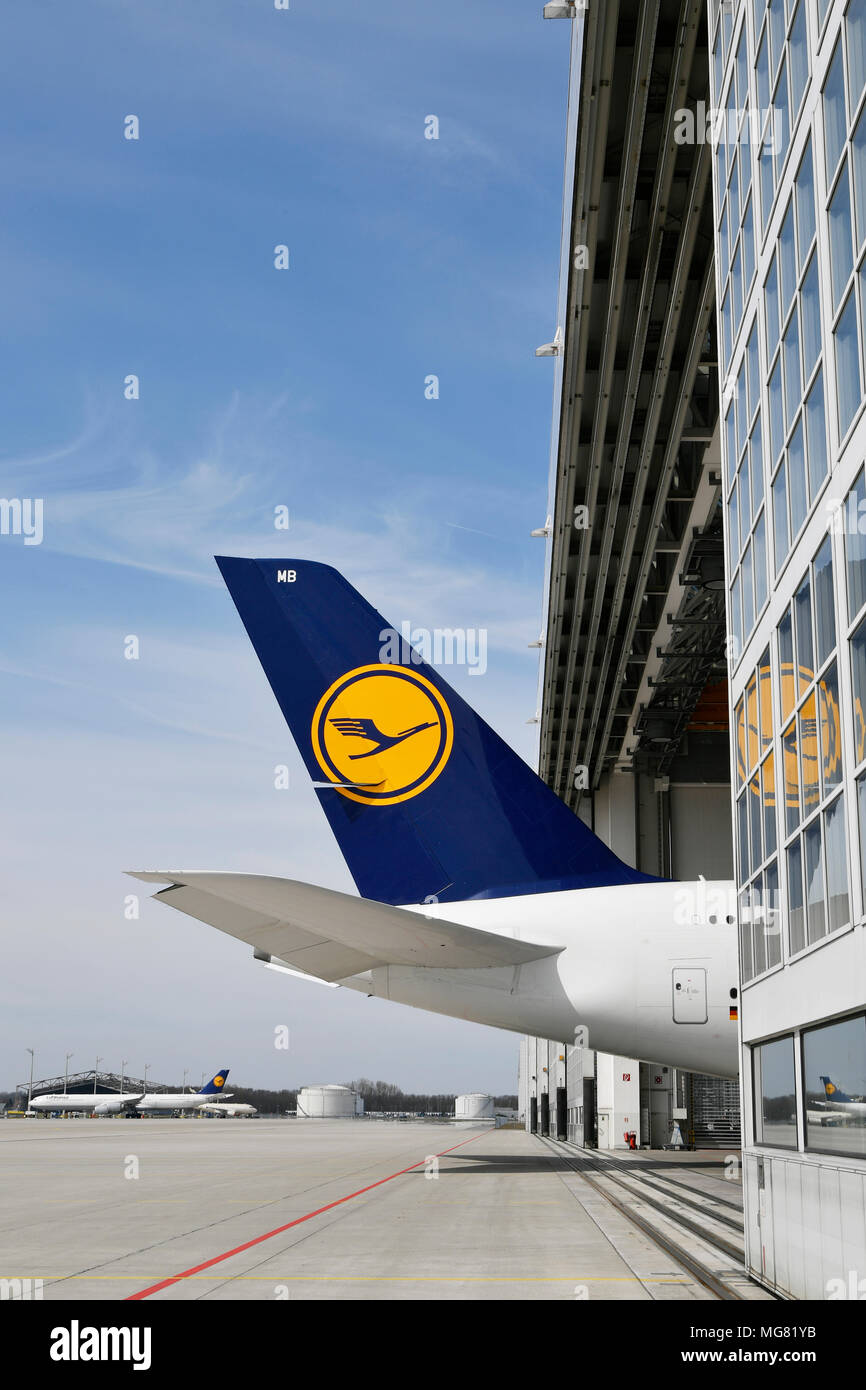 A 380-800, A380, Lufthansa,Maintanance, building, repair, check, Aircraft, Airplane, Plane, Airport Munich, MUC, Germany, Stock Photo