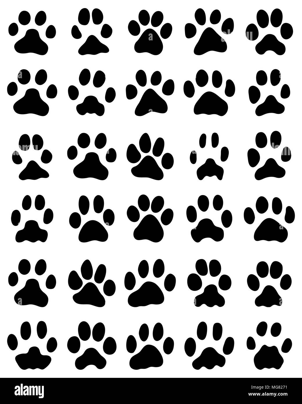 Black print of cats paws on white background, vector Stock Photo