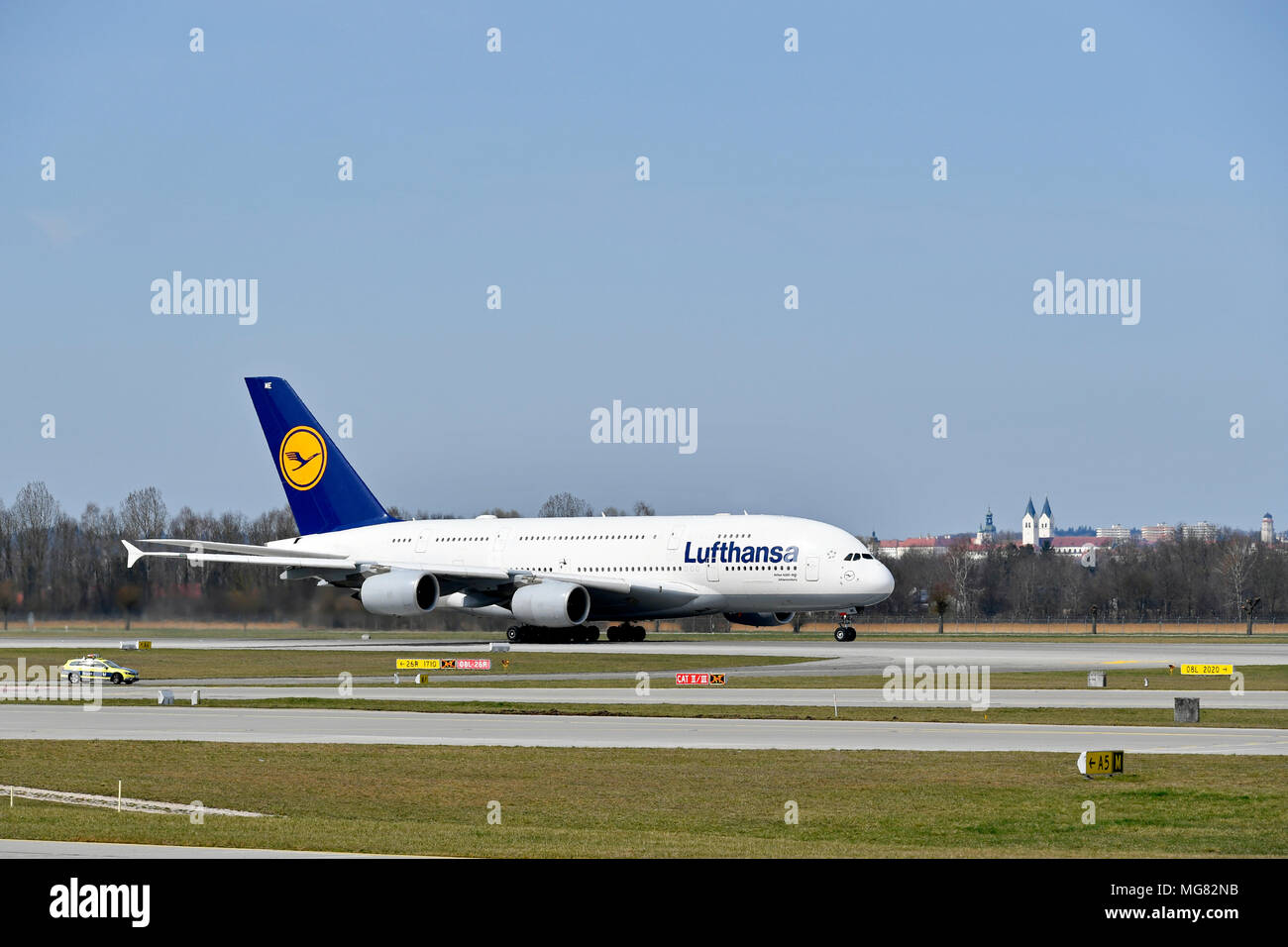 A 380-800, A380, Lufthansa, Aircraft, Airplane, Plane, Airport Munich, MUC, Germany, Stock Photo