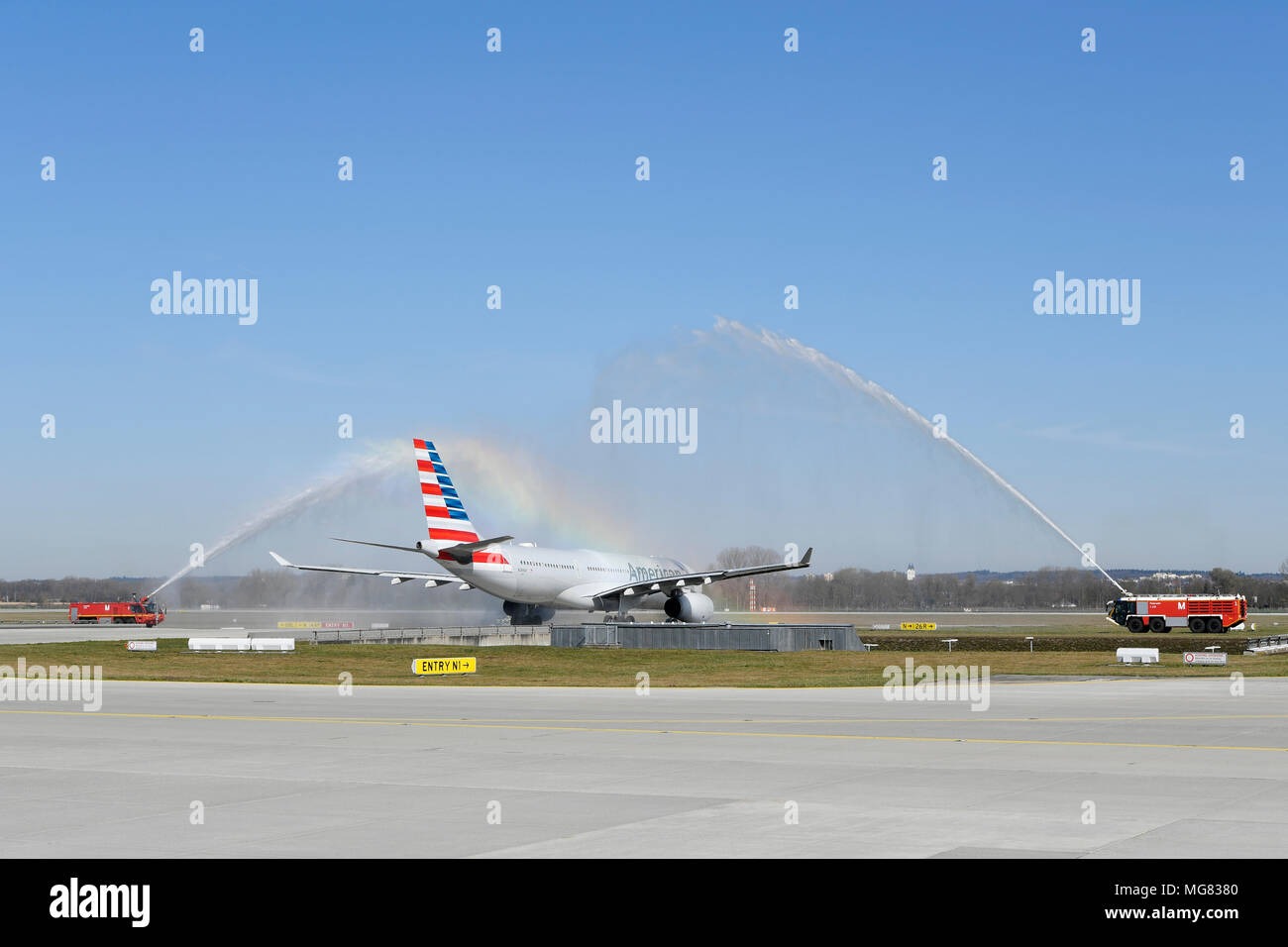 American Airlines, A330-243, A 330, 200, pilots saying goodbye, retired, water baptism, Aircraft, Airplane, Plane, Airport Munich, MUC, Germany, Stock Photo