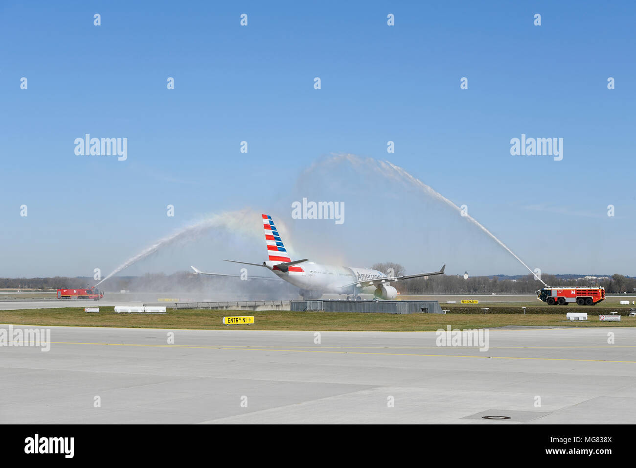 American Airlines, A330-243, A 330, 200, pilots saying goodbye, retired, water baptism, Aircraft, Airplane, Plane, Airport Munich, MUC, Germany, Stock Photo