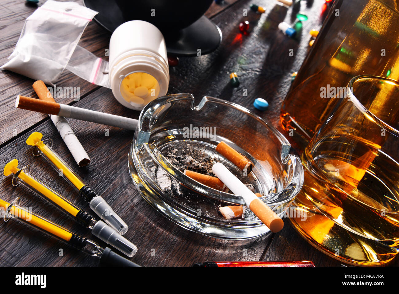 Addictive substances, including alcohol, cigarettes and drugs Stock
