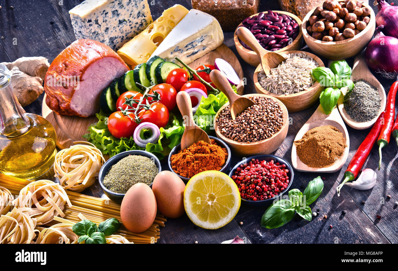 Composition with assorted organic food products on the table Stock ...