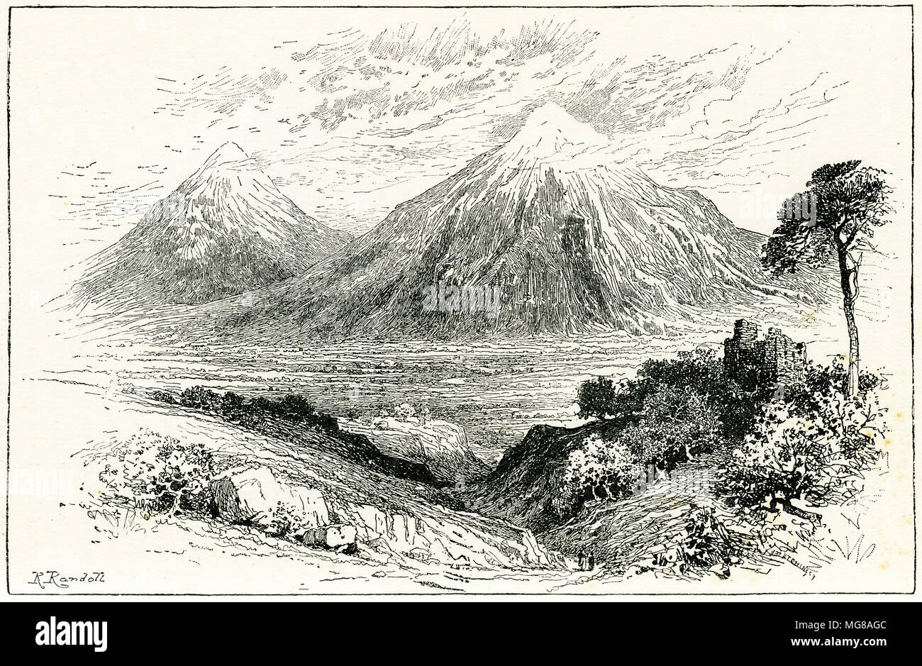 Engraving of Mount Ararat, landing place of Noah's Ark. From an original engraving in the 1895 edition of Graven in the Rock, by Samuel Kinns Stock Photo