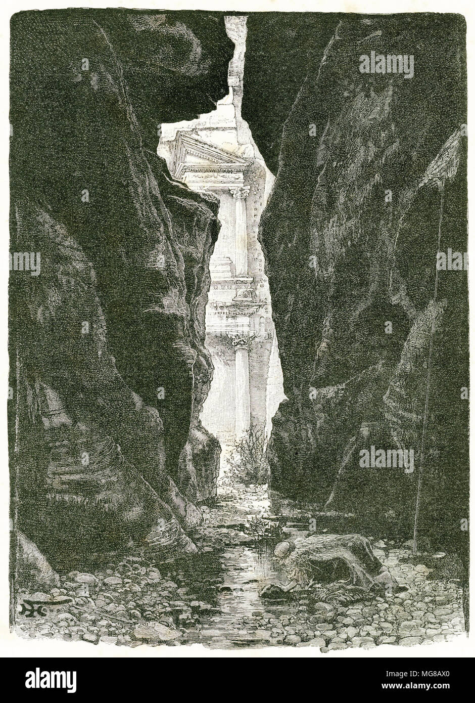 Engraving of the the Kuzneh in Petra, from the gorge of the Sik. From an original engraving in the 1891 edition of In Scripture Lands by Edward L Wilson Stock Photo