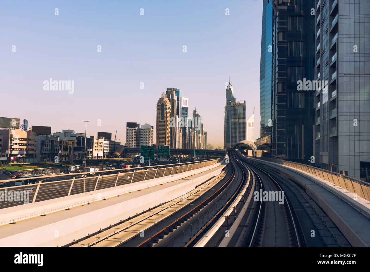 Dubai WorldClass Metro Train  Station and a city view Stock Photo