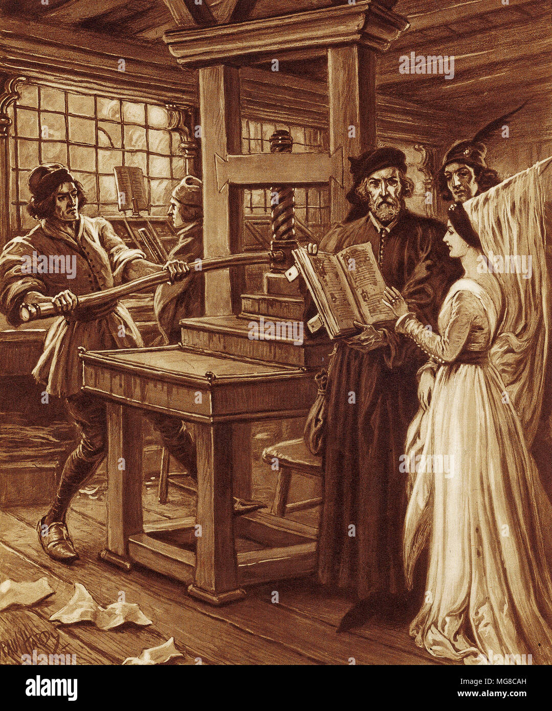 William Caxton at work on England's first printing press. Stock Photo