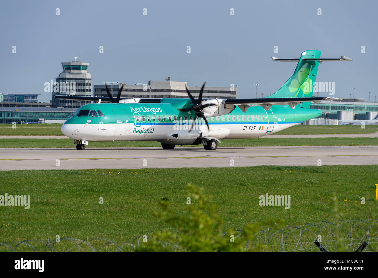 MANCHESTER, UNITED KINGDOM - APRIL 21st, 2018: Aer Lingus ATR 72-600 ready to depart at Manchester Airport Stock Photo