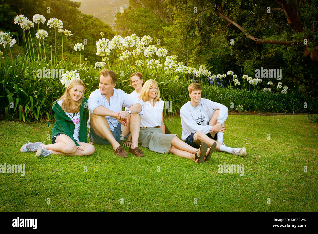 Family of five in Kirstenbosch Gardens Stock Photo