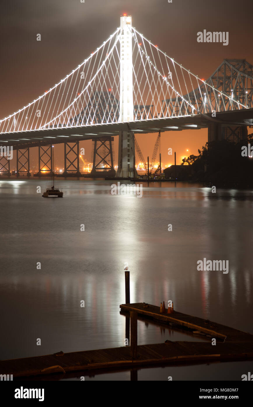 View of the Bay Bridge lit up at night, San Francisco, North Beach, California, USA Stock Photo