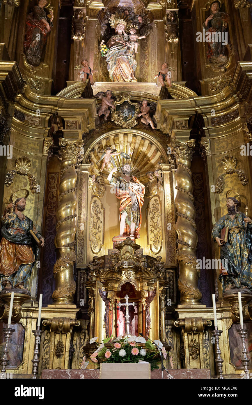 Main altar, interior, Church of St. Bartholomew, Roman Catholic parish church, Plaza de sa Constitucio, Sóller Stock Photo