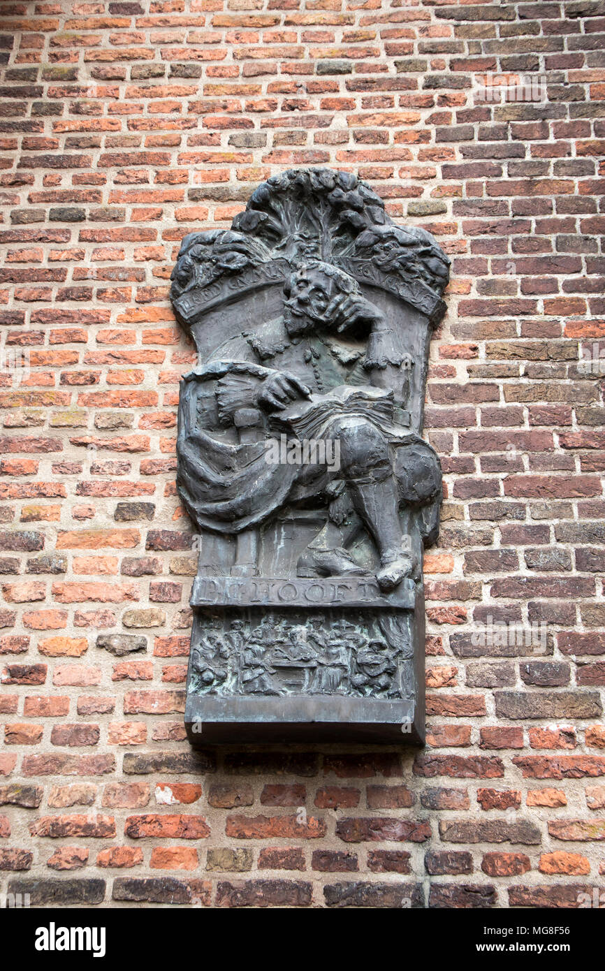 Muiden , Holland - 14 April 2018 Commemorative plaque for PC Hooft, a famous Dutch writer in the times of the Republic of the Netherlands Stock Photo