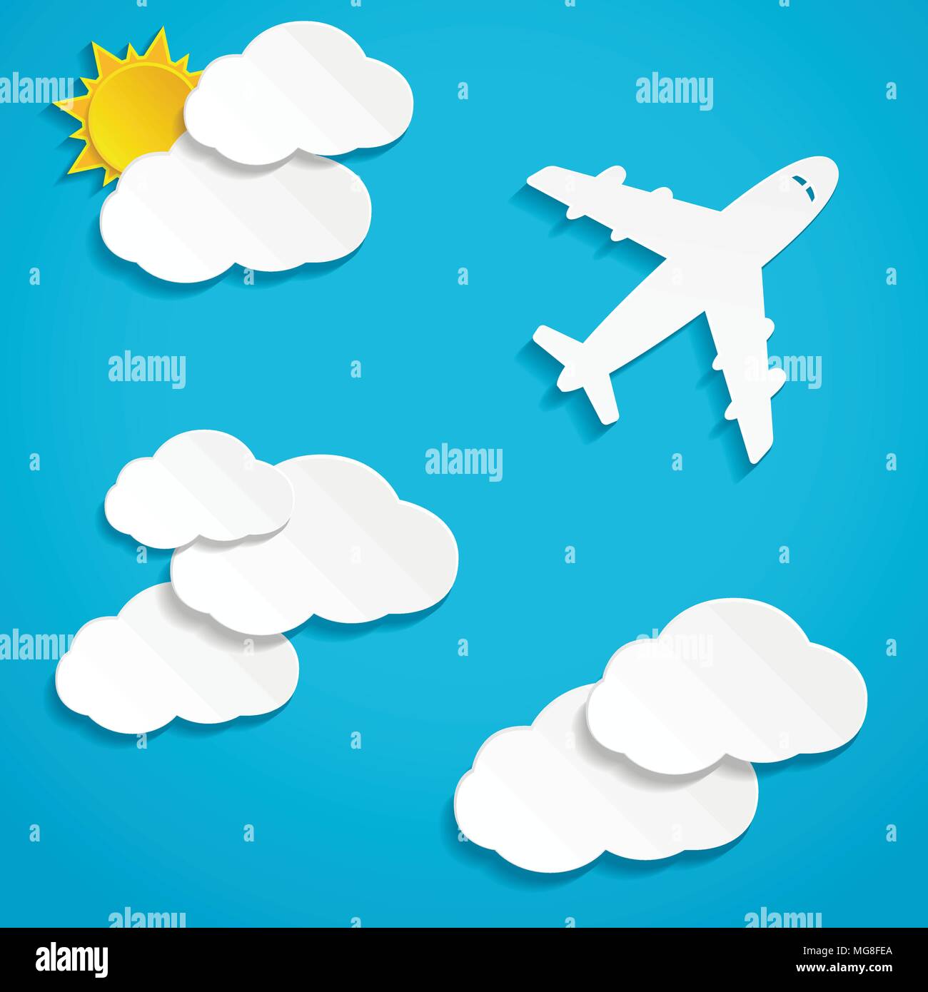 Paper flying plane in clouds. Blue sky background. Vector illustration. Stock Vector