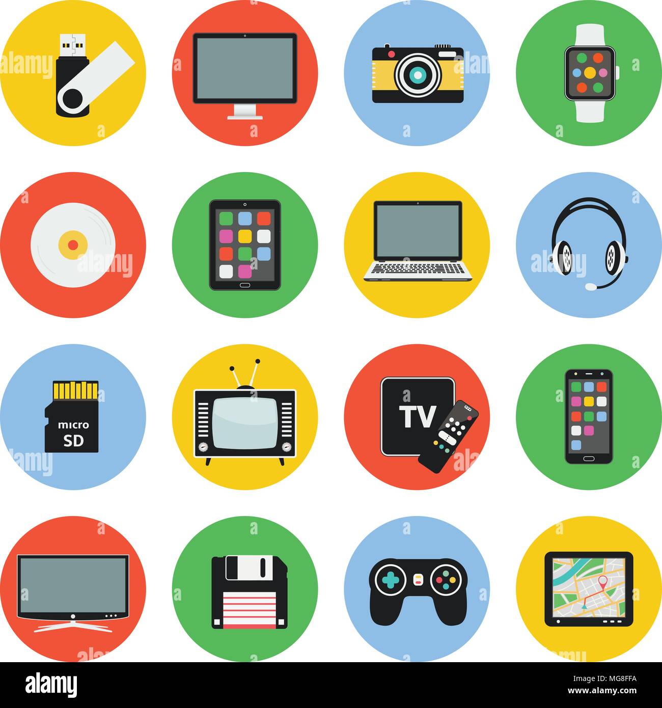 Set of technology and multimedia devices flat icons. Vector illustration. Stock Vector