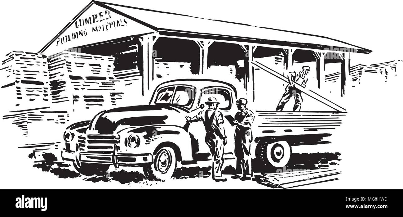 Pickup Truck And Lumber Yard - Retro Clipart Illustration Stock Vector